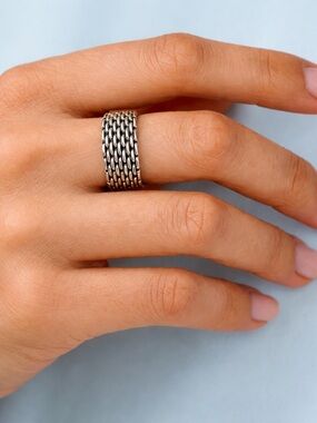 Tiffany & Co Somerset Wide Woven Chain Ring Sterling Silver 925 Size 7.5